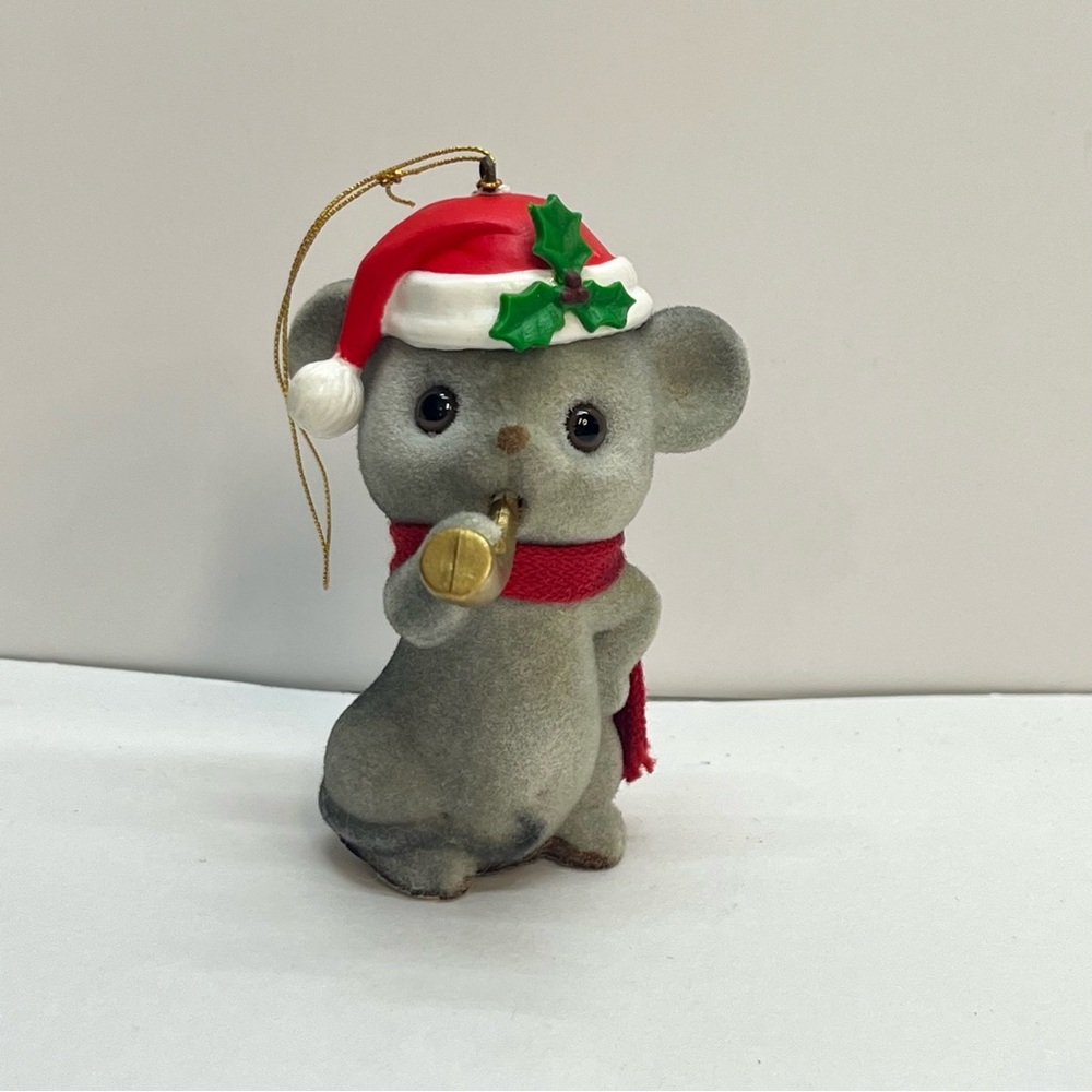 vintage flocked mouse‎ christmas ornament santa hat horn 3 inch